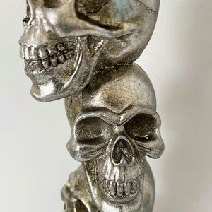 New Martha Stewart Halloween Stacked Skulls Candle Holder Metallic Silver Goth